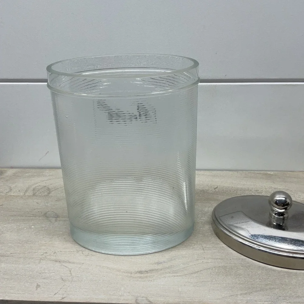 Clear Ribbed Glass Bath Apothecary Jar with Polished Chrome Lid Finial Top